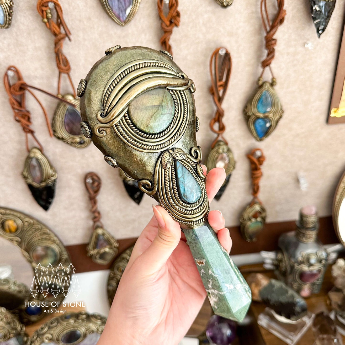 Handmade Natural Black Obsidian Mirror/Magic Obsidian Witch Wand/Crystal Quartz Wand/Scrying Mirror Wand/Root Chakra/Manifest Altar Tool