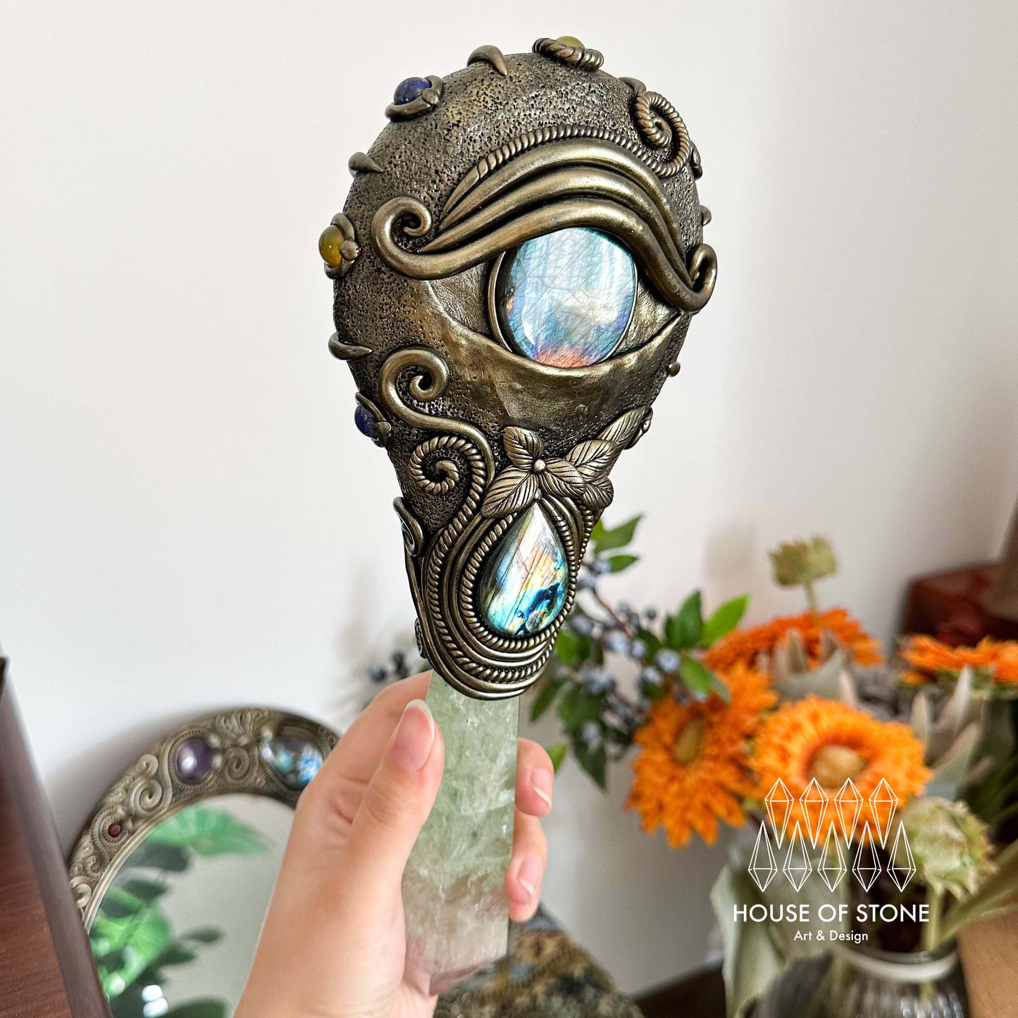 Handmade Natural Black Obsidian Mirror/Magic Obsidian Witch Wand/Crystal Quartz Wand/Scrying Mirror Wand/Root Chakra/Manifest Altar Tool