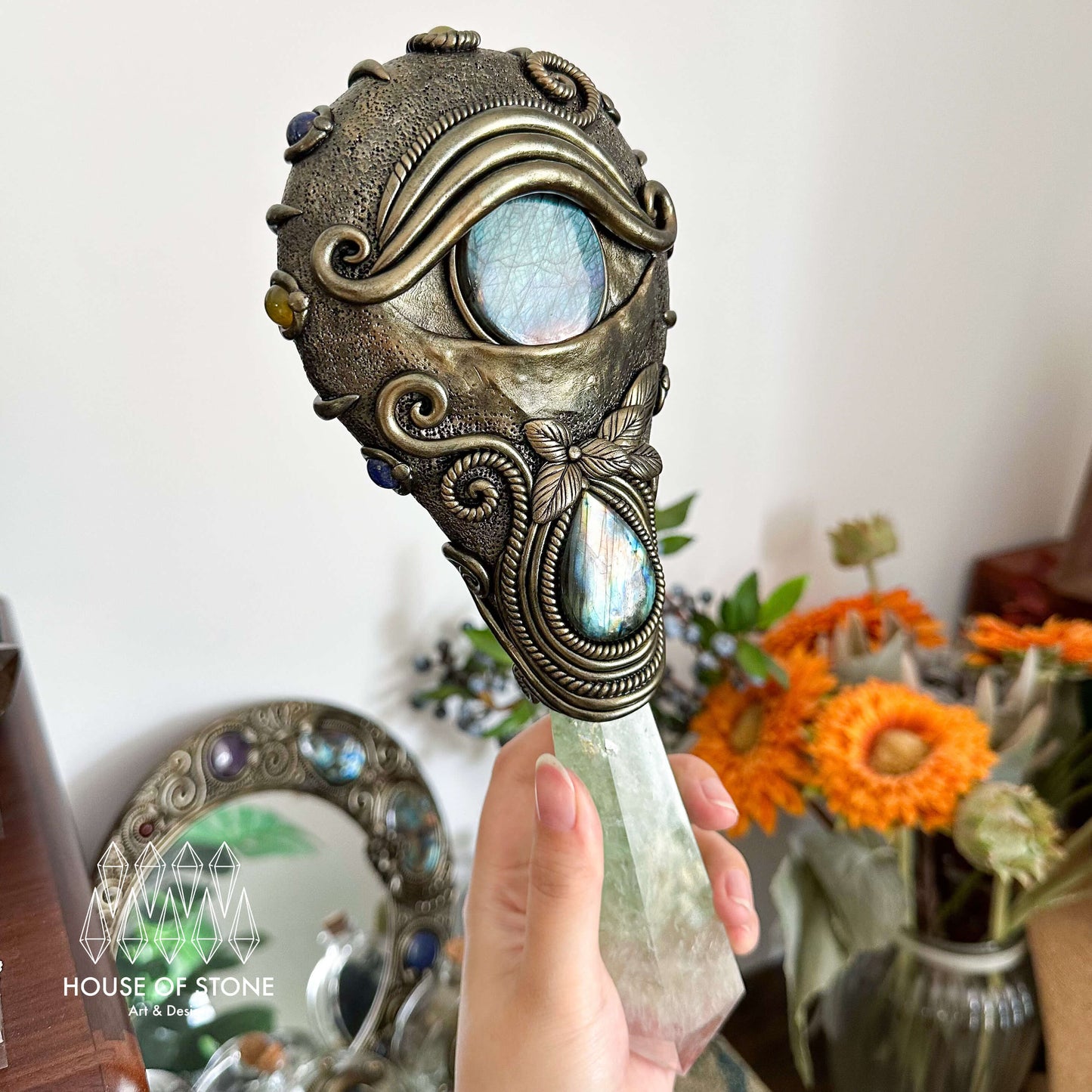 Handmade Natural Black Obsidian Mirror/Magic Obsidian Witch Wand/Crystal Quartz Wand/Scrying Mirror Wand/Root Chakra/Manifest Altar Tool