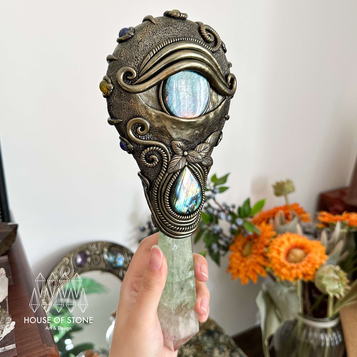Handmade Natural Black Obsidian Mirror/Magic Obsidian Witch Wand/Crystal Quartz Wand/Scrying Mirror Wand/Root Chakra/Manifest Altar Tool