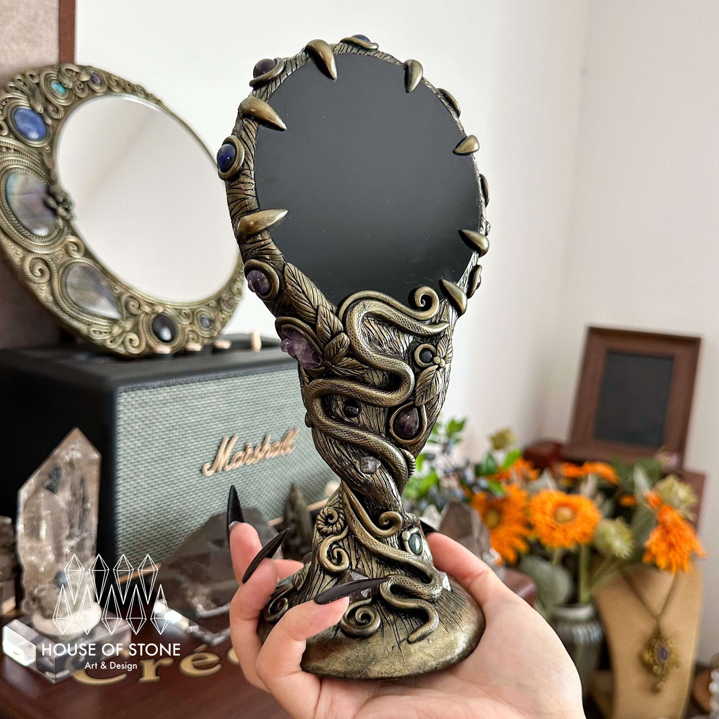 Handmade Natural Black Obsidian Mirror/Magic Obsidian Witch/Crystal Quartz with Base/Scrying Mirror/Root Chakra/Manifest Altar Tool