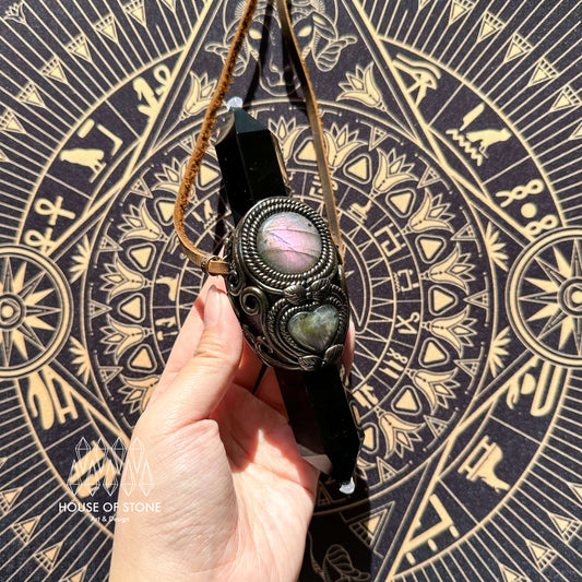 Natural Handmade Black Obsidian Pendant Necklace/Magic Black Obsidian Crystal Pendant/Labradorite Jewelry/Chakra/Altar Tool