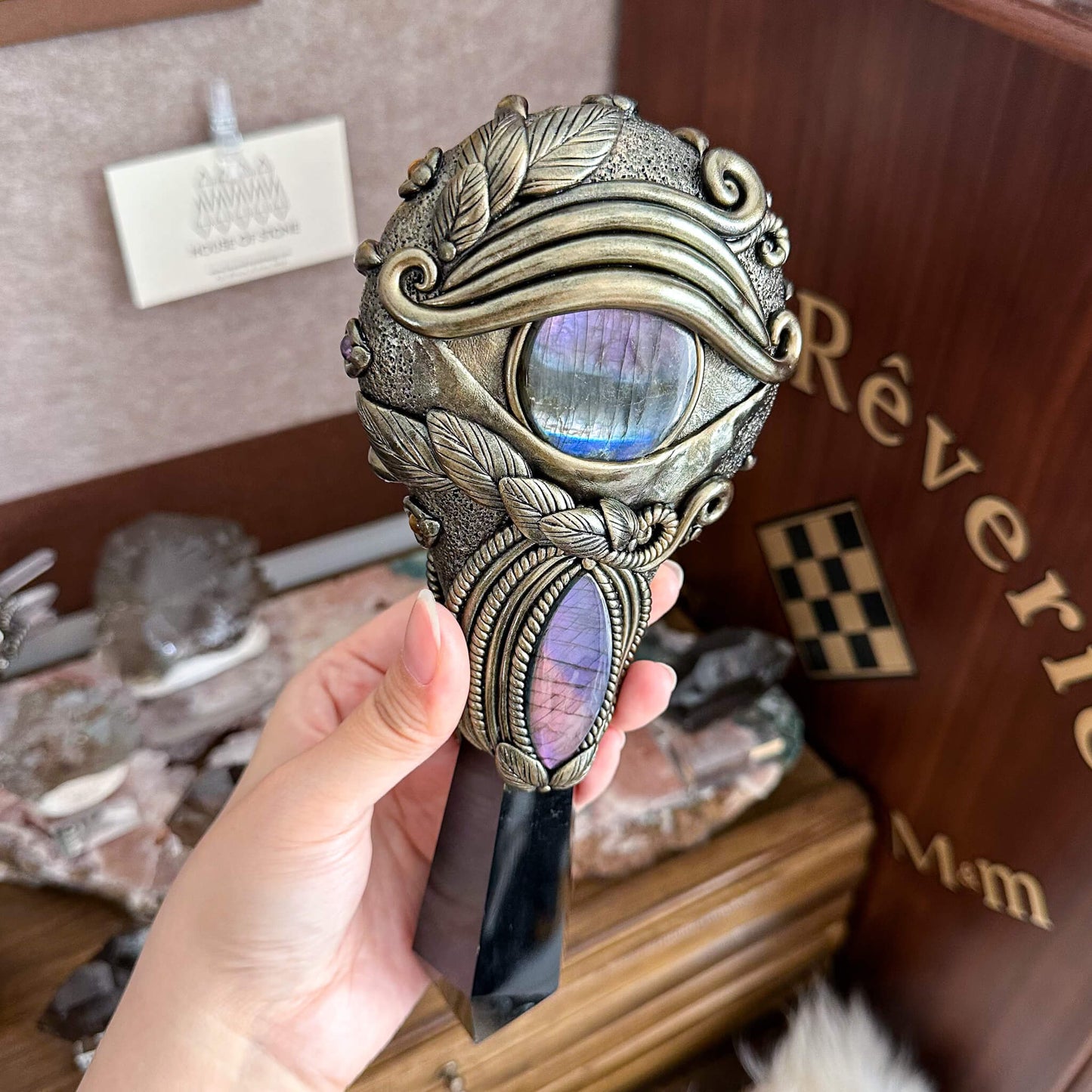 Handmade Natural Black Obsidian Mirror/Magic Obsidian Witch Wand/Crystal Quartz Wand/Scrying Mirror Wand/Root Chakra/Manifest Altar Tool