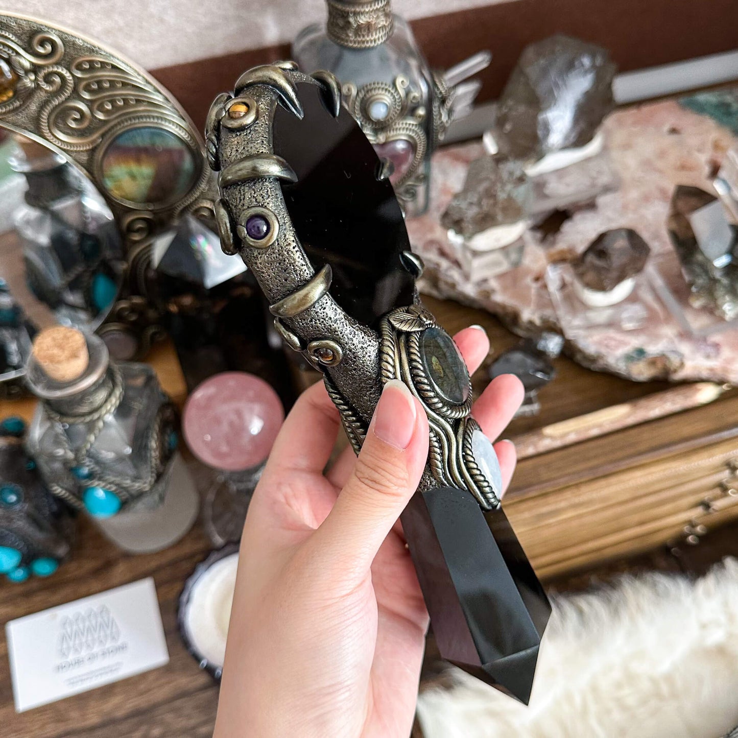 Handmade Natural Black Obsidian Mirror/Magic Obsidian Witch Wand/Crystal Quartz Wand/Scrying Mirror Wand/Root Chakra/Manifest Altar Tool