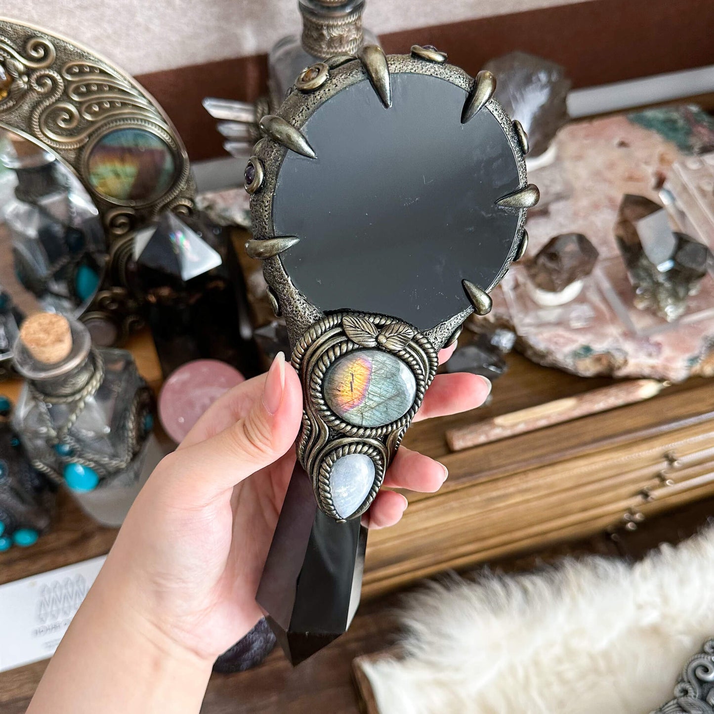 Handmade Natural Black Obsidian Mirror/Magic Obsidian Witch Wand/Crystal Quartz Wand/Scrying Mirror Wand/Root Chakra/Manifest Altar Tool
