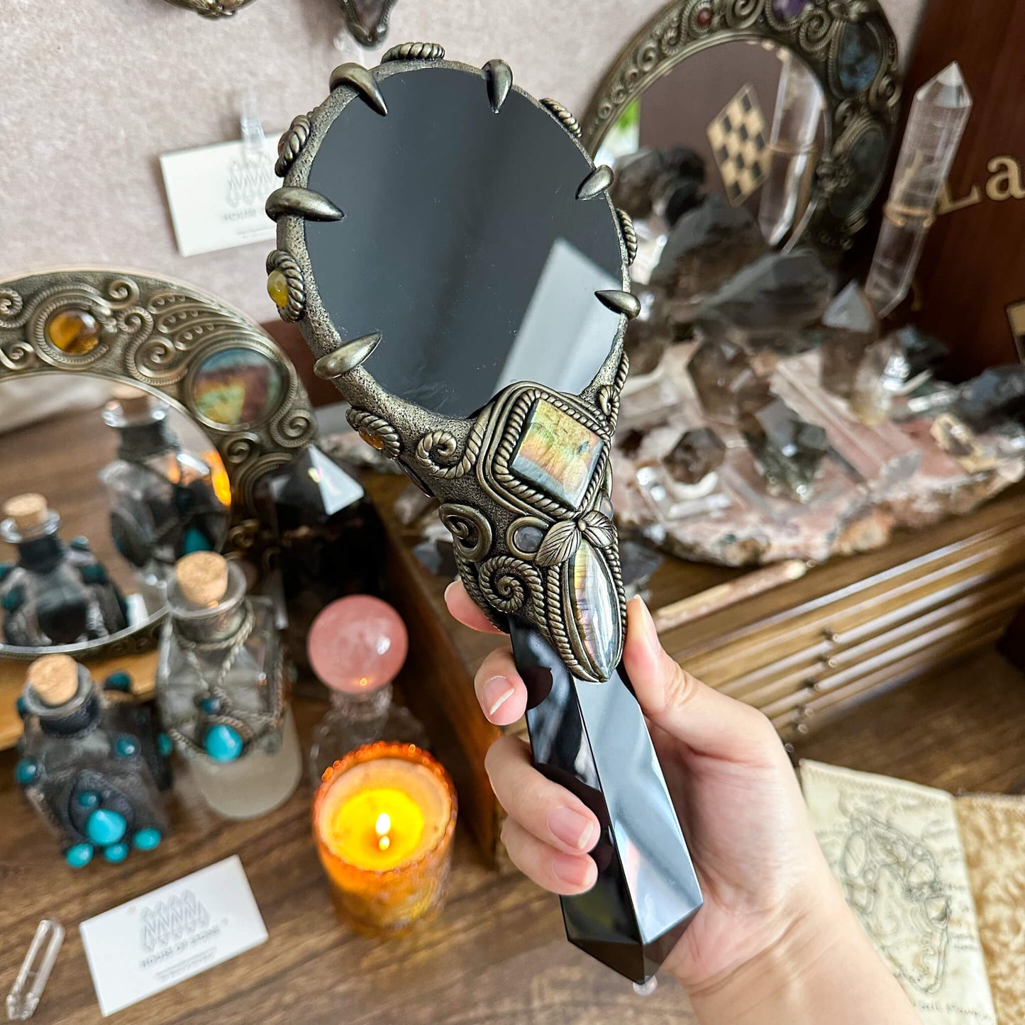 Handmade Natural Black Obsidian Mirror/Magic Obsidian Witch Wand/Crystal Quartz Wand/Scrying Mirror Wand/Root Chakra/Manifest Altar Tool