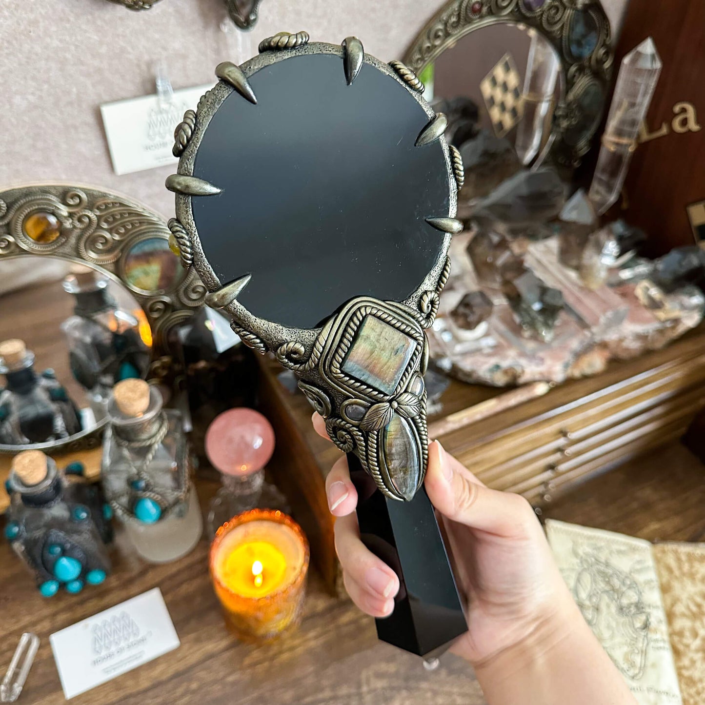 Handmade Natural Black Obsidian Mirror/Magic Obsidian Witch Wand/Crystal Quartz Wand/Scrying Mirror Wand/Root Chakra/Manifest Altar Tool