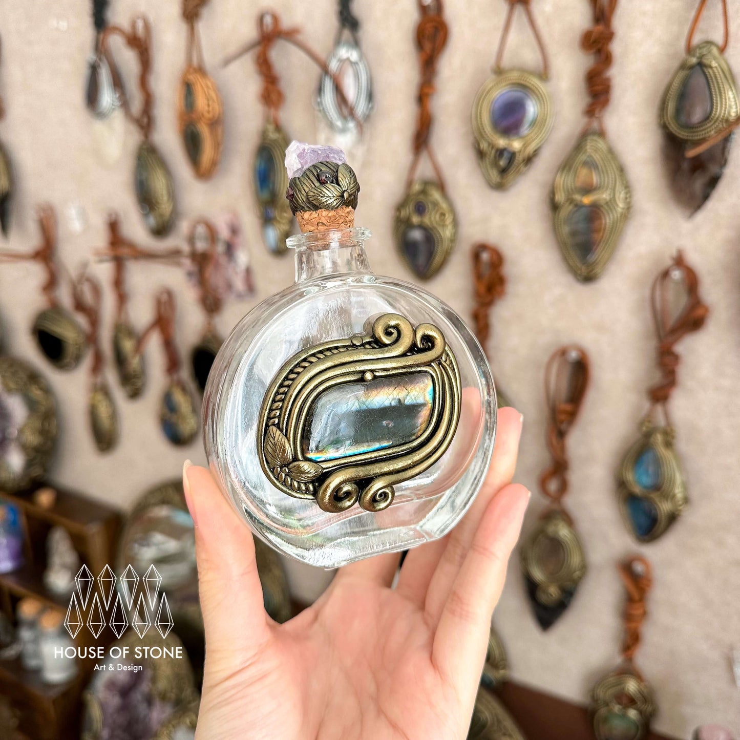 Handmade Natural Crystal Spell Jar/Apothecary Spell Jar/Magic Potion Bottle/Witch Apothecary Bottle/Large Wish bottle/Intention bottle