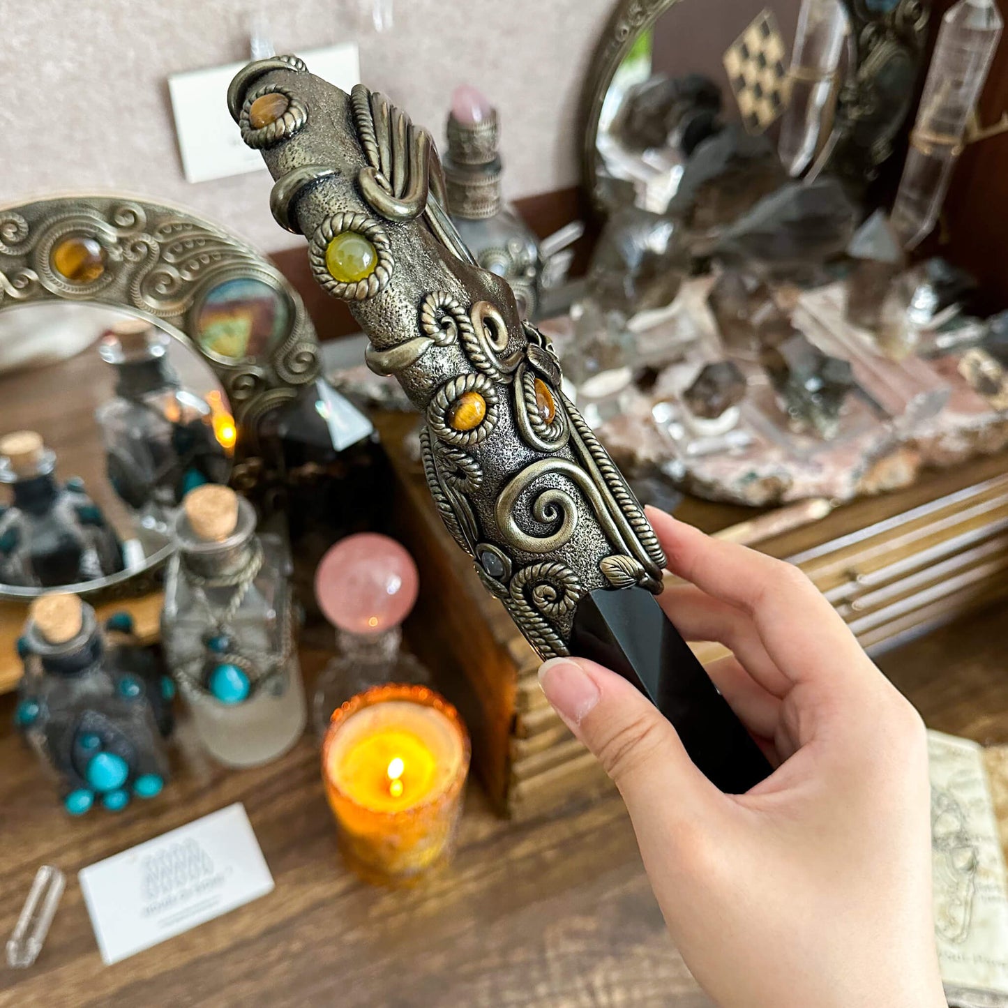 Handmade Natural Black Obsidian Mirror/Magic Obsidian Witch Wand/Crystal Quartz Wand/Scrying Mirror Wand/Root Chakra/Manifest Altar Tool