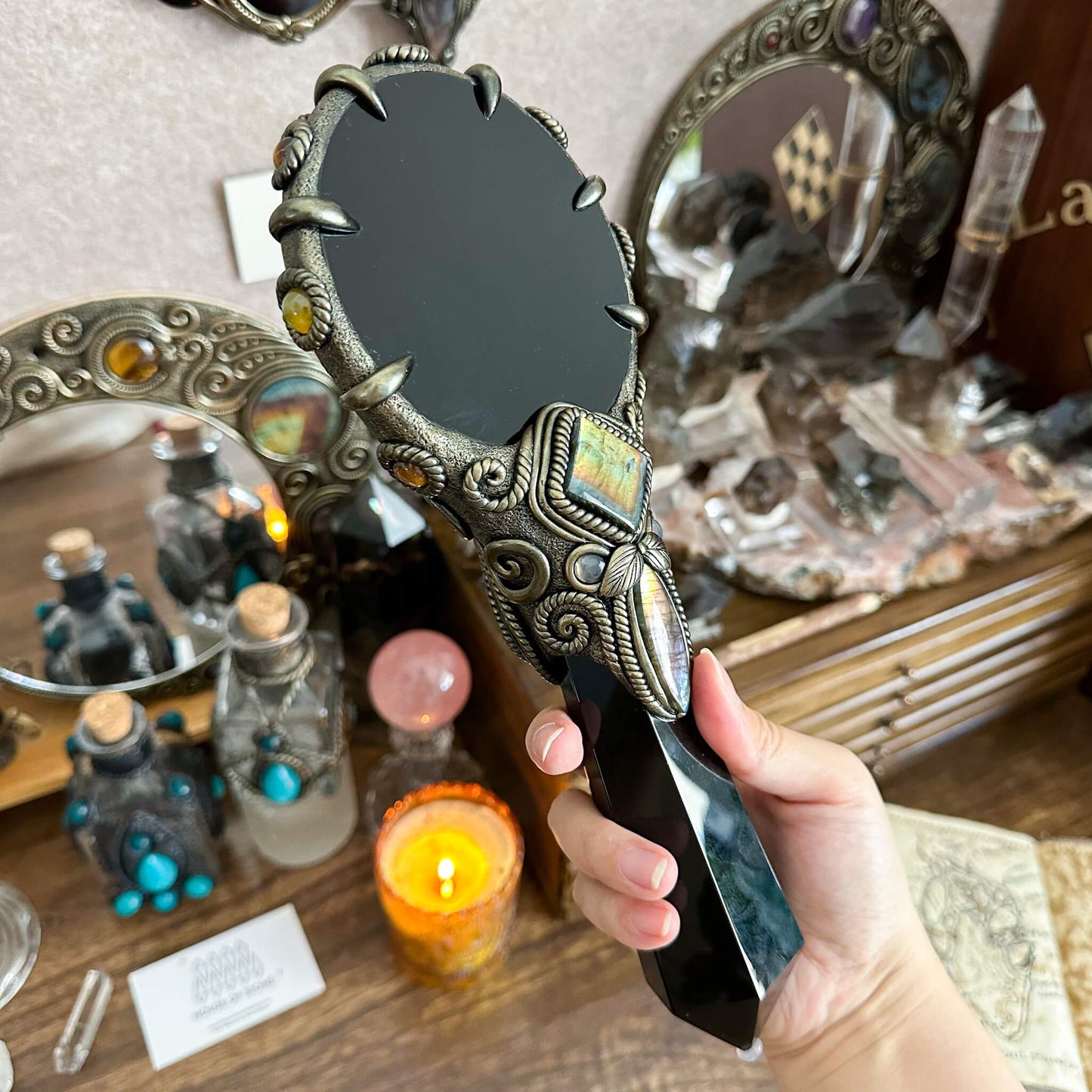 Handmade Natural Black Obsidian Mirror/Magic Obsidian Witch Wand/Crystal Quartz Wand/Scrying Mirror Wand/Root Chakra/Manifest Altar Tool