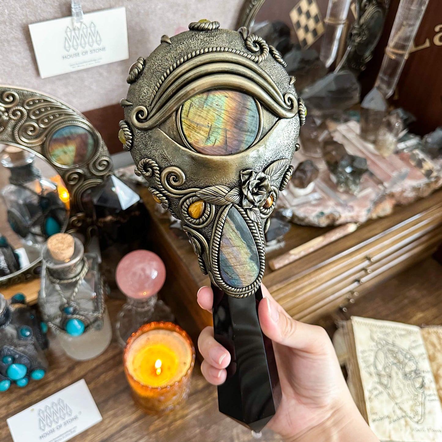 Handmade Natural Black Obsidian Mirror/Magic Obsidian Witch Wand/Crystal Quartz Wand/Scrying Mirror Wand/Root Chakra/Manifest Altar Tool