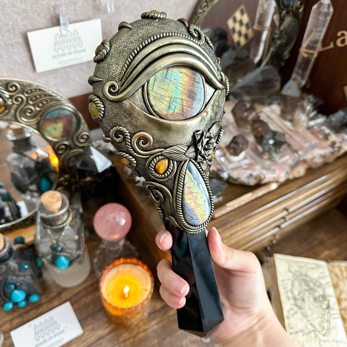 Handmade Natural Black Obsidian Mirror/Magic Obsidian Witch Wand/Crystal Quartz Wand/Scrying Mirror Wand/Root Chakra/Manifest Altar Tool