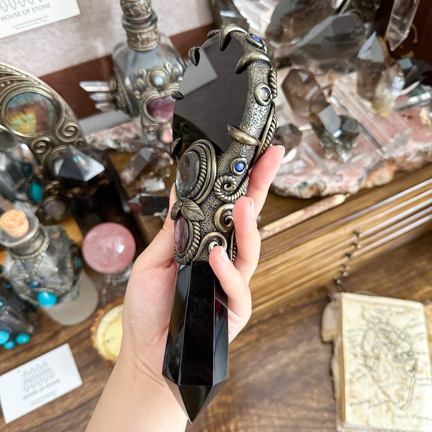 Handmade Natural Black Obsidian Mirror/Magic Obsidian Witch Wand/Crystal Quartz Wand/Scrying Mirror Wand/Root Chakra/Manifest Altar Tool