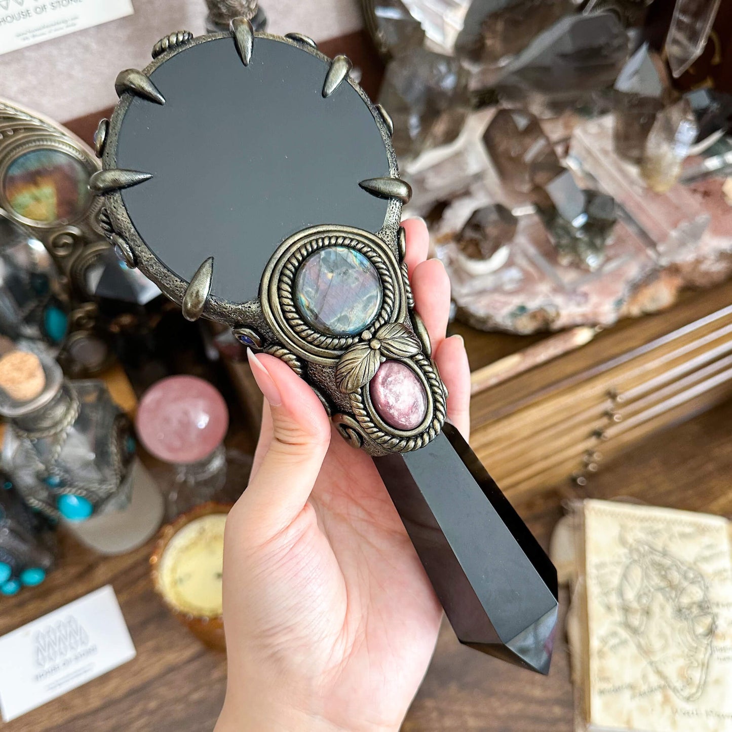 Handmade Natural Black Obsidian Mirror/Magic Obsidian Witch Wand/Crystal Quartz Wand/Scrying Mirror Wand/Root Chakra/Manifest Altar Tool