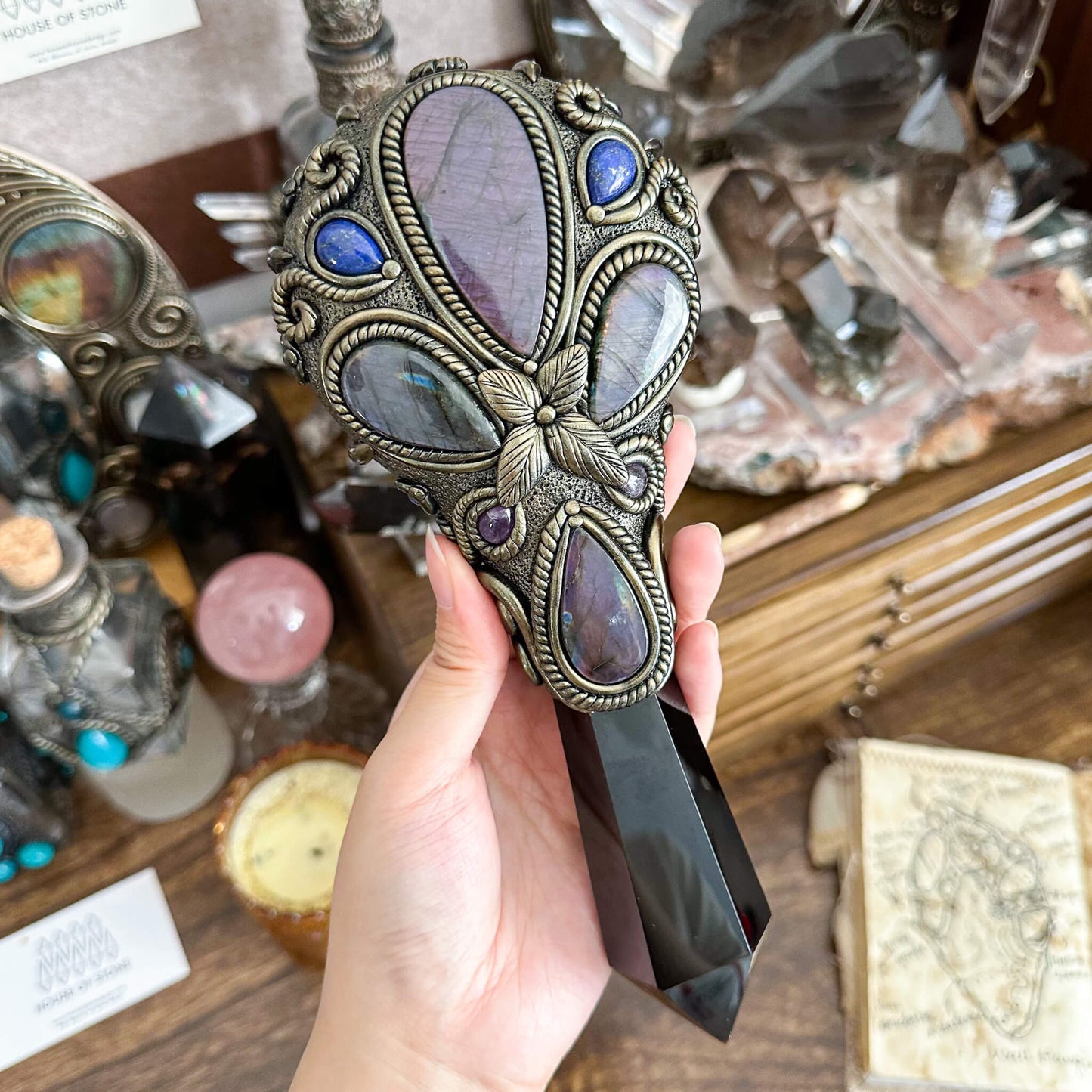 Handmade Natural Black Obsidian Mirror/Magic Obsidian Witch Wand/Crystal Quartz Wand/Scrying Mirror Wand/Root Chakra/Manifest Altar Tool