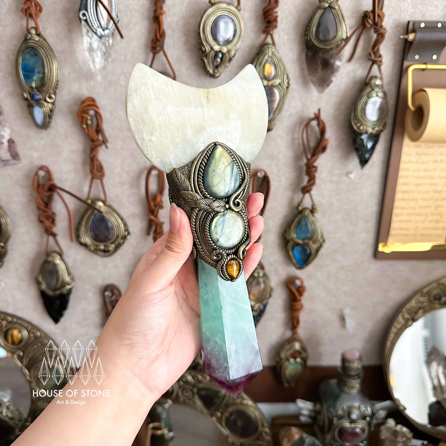 Handmade Natural Fluorite Crystal Wand/Magic Witch Crystal Wand/Moonstone Rainbow Fluorite Labradorite Handle/Chakra/Manifest Altar Tool