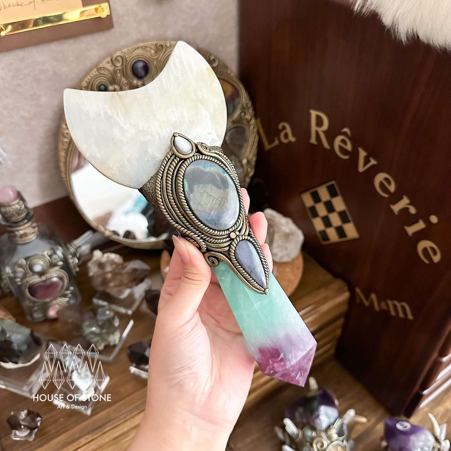 Handmade Natural Fluorite Crystal Wand/Magic Witch Crystal Wand/Moonstone Rainbow Fluorite Labradorite Handle/Chakra/Manifest Altar Tool