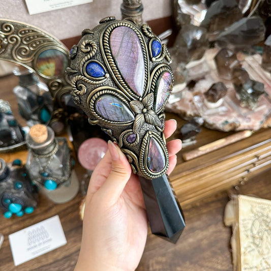 Handmade Natural Black Obsidian Mirror/Magic Obsidian Witch Wand/Crystal Quartz Wand/Scrying Mirror Wand/Root Chakra/Manifest Altar Tool