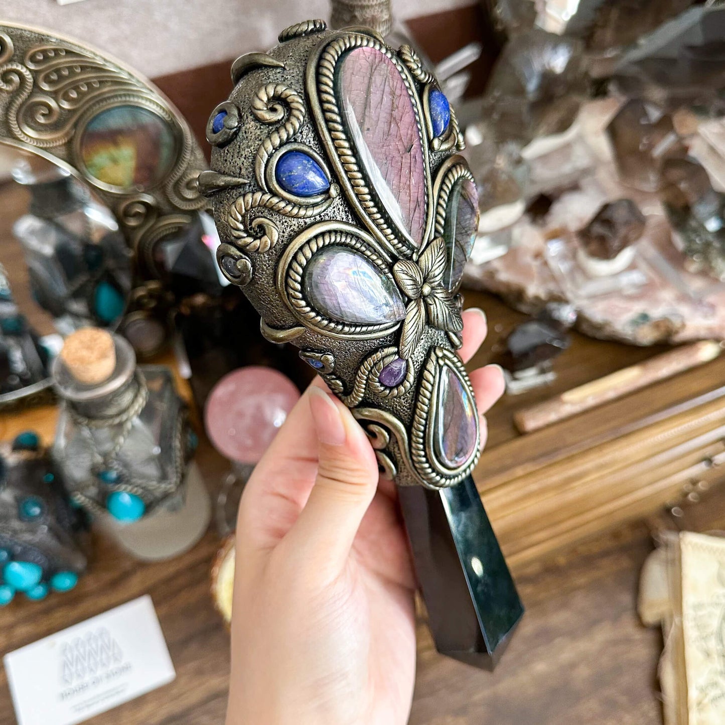 Handmade Natural Black Obsidian Mirror/Magic Obsidian Witch Wand/Crystal Quartz Wand/Scrying Mirror Wand/Root Chakra/Manifest Altar Tool
