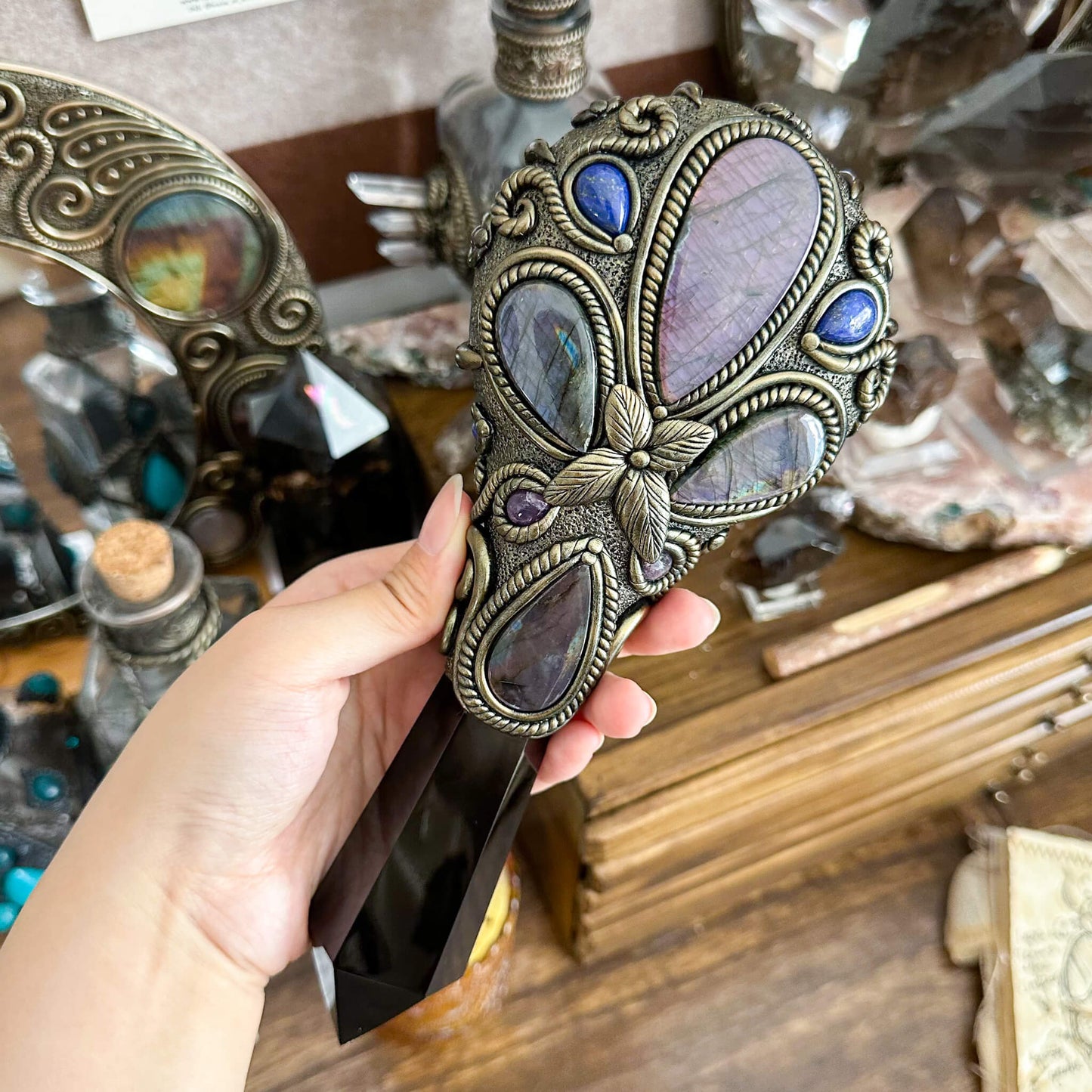 Handmade Natural Black Obsidian Mirror/Magic Obsidian Witch Wand/Crystal Quartz Wand/Scrying Mirror Wand/Root Chakra/Manifest Altar Tool
