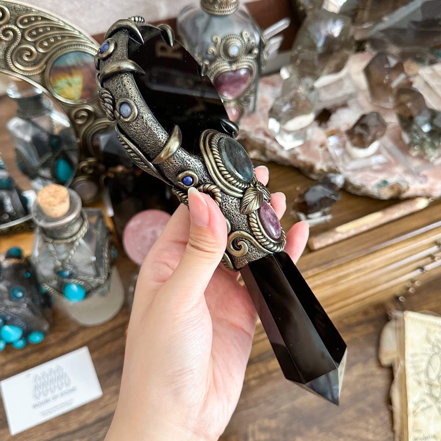 Handmade Natural Black Obsidian Mirror/Magic Obsidian Witch Wand/Crystal Quartz Wand/Scrying Mirror Wand/Root Chakra/Manifest Altar Tool