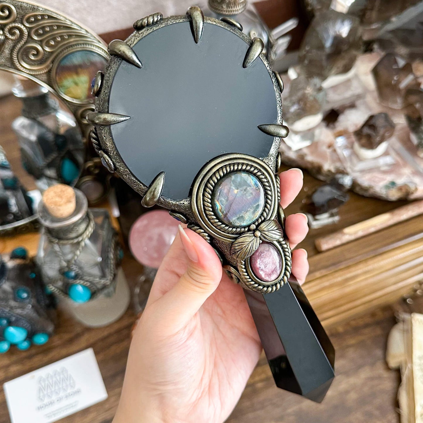 Handmade Natural Black Obsidian Mirror/Magic Obsidian Witch Wand/Crystal Quartz Wand/Scrying Mirror Wand/Root Chakra/Manifest Altar Tool