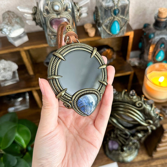 Handmade Natural Black Obsidian Pendant Necklace/Magic Obsidian Mirror Crystal Pendant/Scrying Mirror Talisman Protection Jewelry/Altar Tool