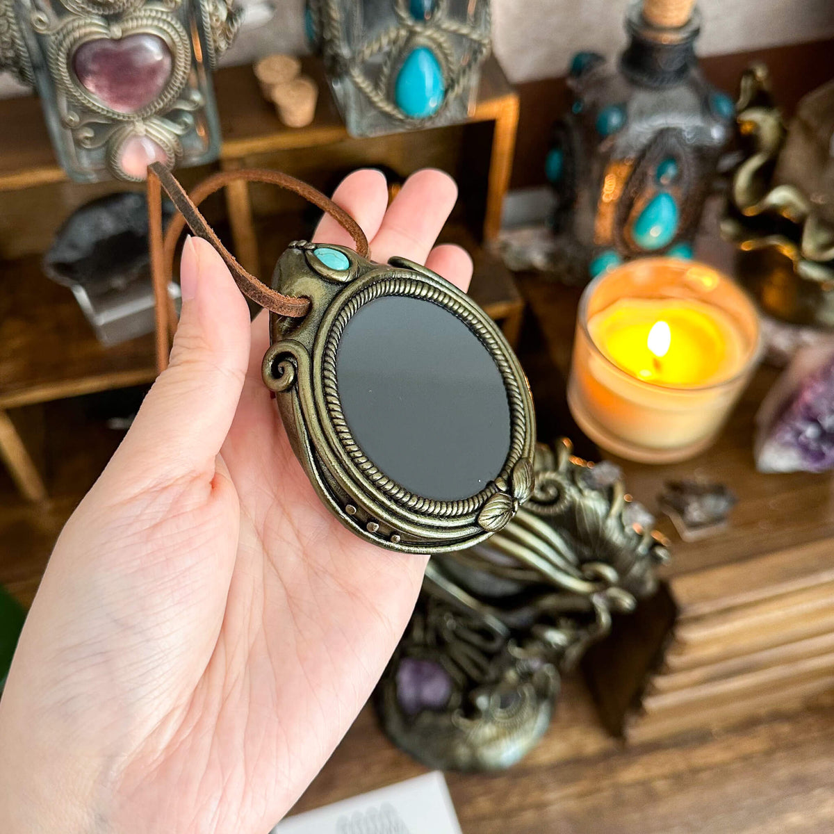 Handmade Natural Black Obsidian Pendant Necklace/Magic Obsidian Mirror Crystal Pendant/Scrying Mirror Talisman Protection Jewelry/Altar Tool