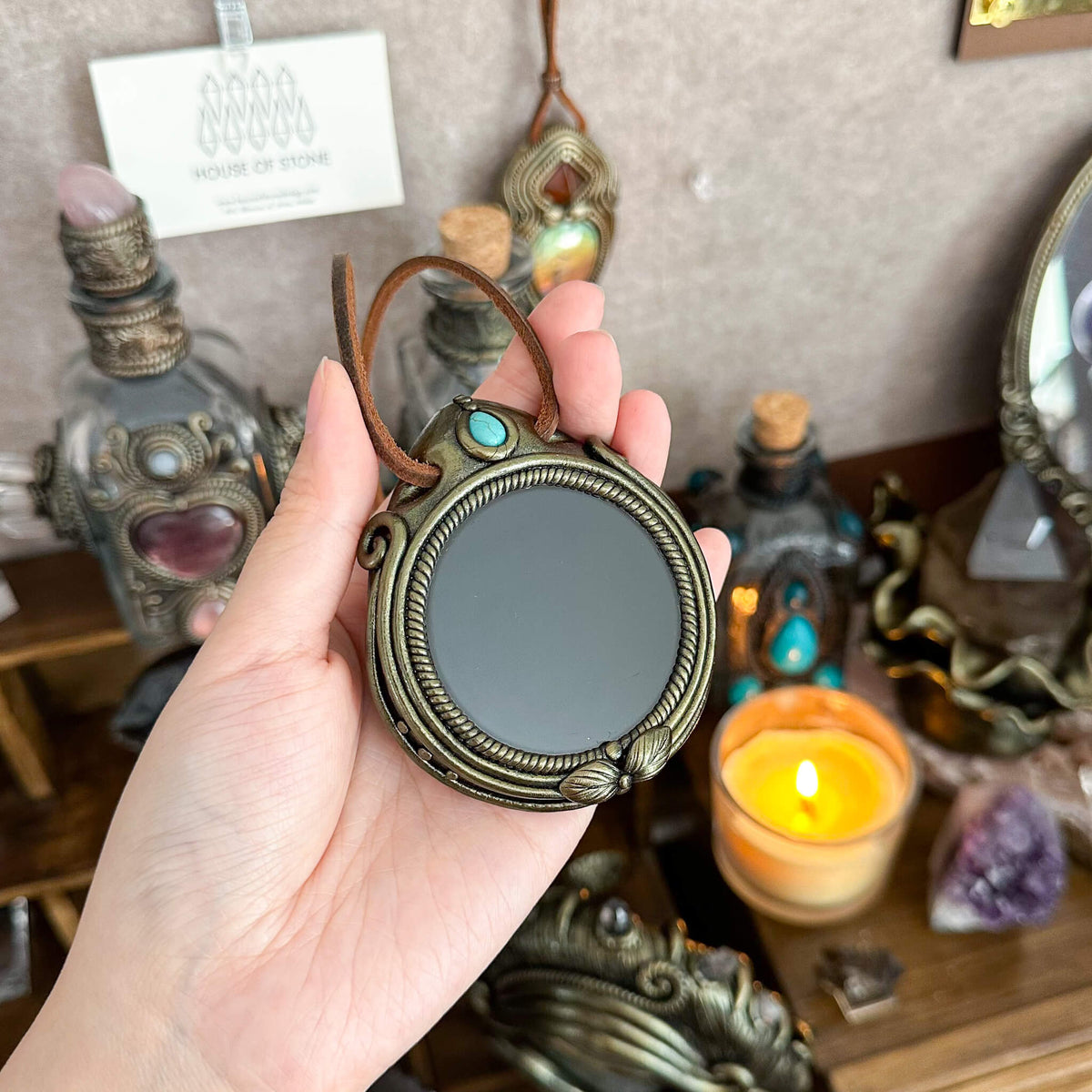 Handmade Natural Black Obsidian Pendant Necklace/Magic Obsidian Mirror Crystal Pendant/Scrying Mirror Talisman Protection Jewelry/Altar Tool