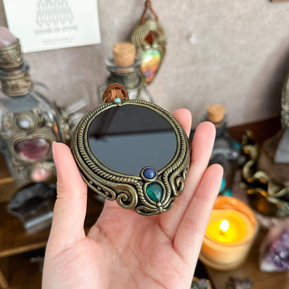 Handmade Natural Black Obsidian Pendant Necklace/Magic Obsidian Mirror Crystal Pendant/Scrying Mirror Talisman Protection Jewelry/Altar Tool
