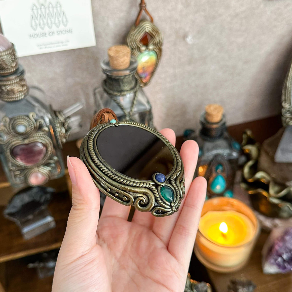 Handmade Natural Black Obsidian Pendant Necklace/Magic Obsidian Mirror Crystal Pendant/Scrying Mirror Talisman Protection Jewelry/Altar Tool