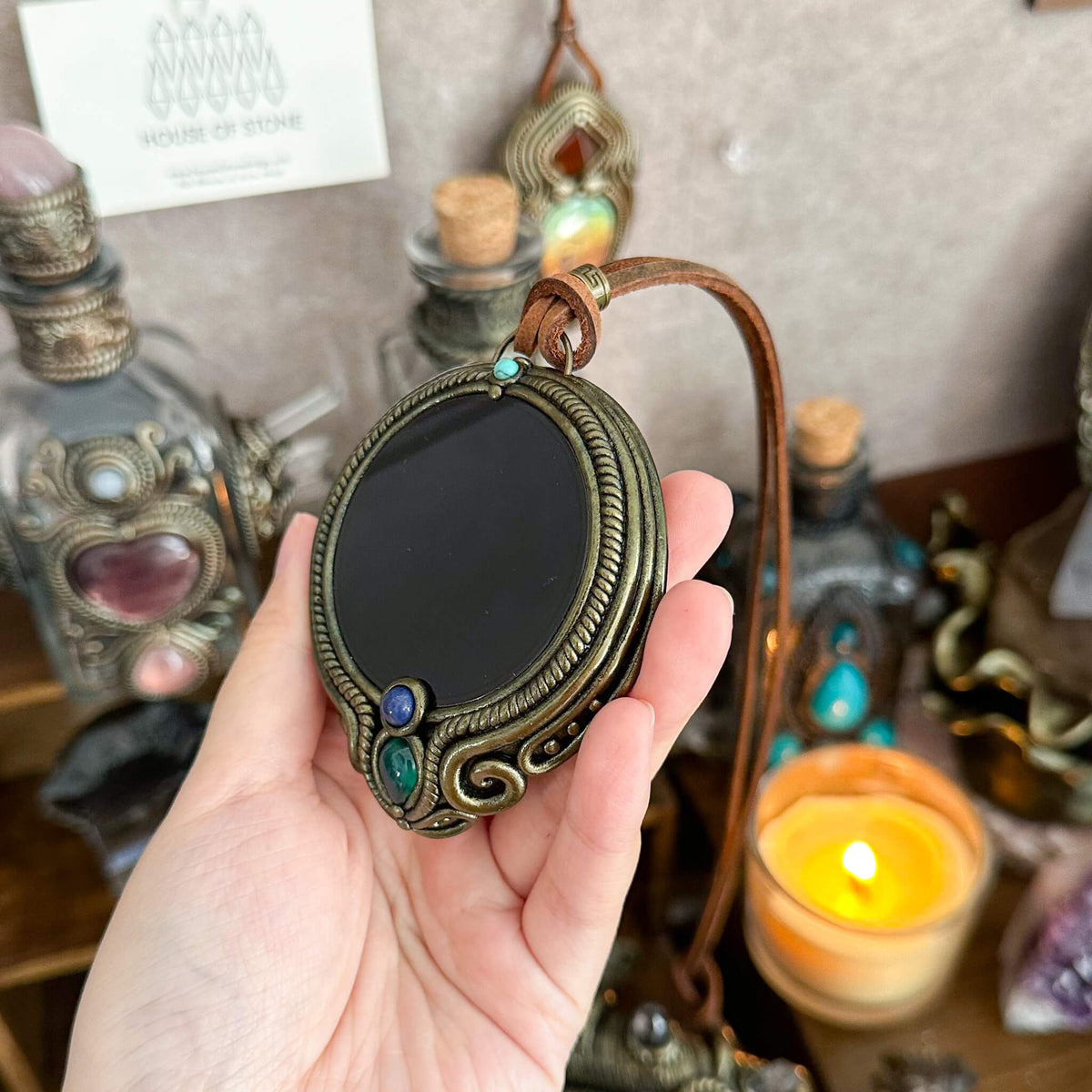 Handmade Natural Black Obsidian Pendant Necklace/Magic Obsidian Mirror Crystal Pendant/Scrying Mirror Talisman Protection Jewelry/Altar Tool