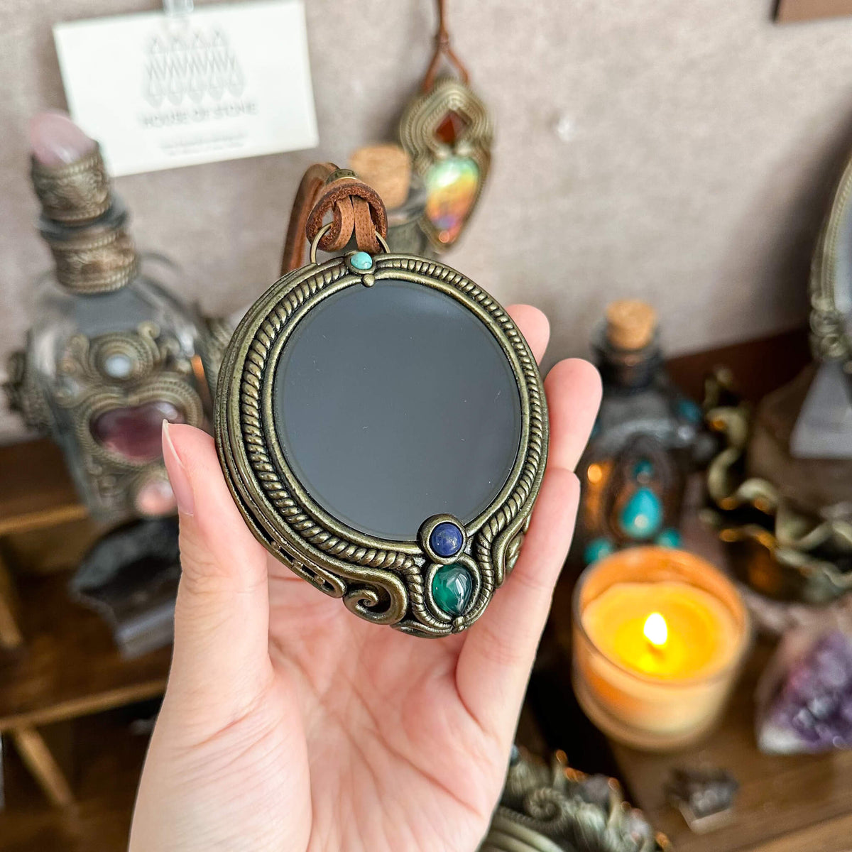 Handmade Natural Black Obsidian Pendant Necklace/Magic Obsidian Mirror Crystal Pendant/Scrying Mirror Talisman Protection Jewelry/Altar Tool