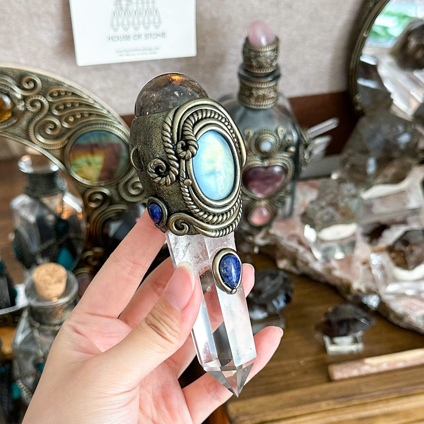 Handmade Natural Clear Quartz Pendant Necklace/Magic Smoky Quartz Crystal Protection Pendant/Labradorite Talisman Jewelry/Chakra/Altar Tool