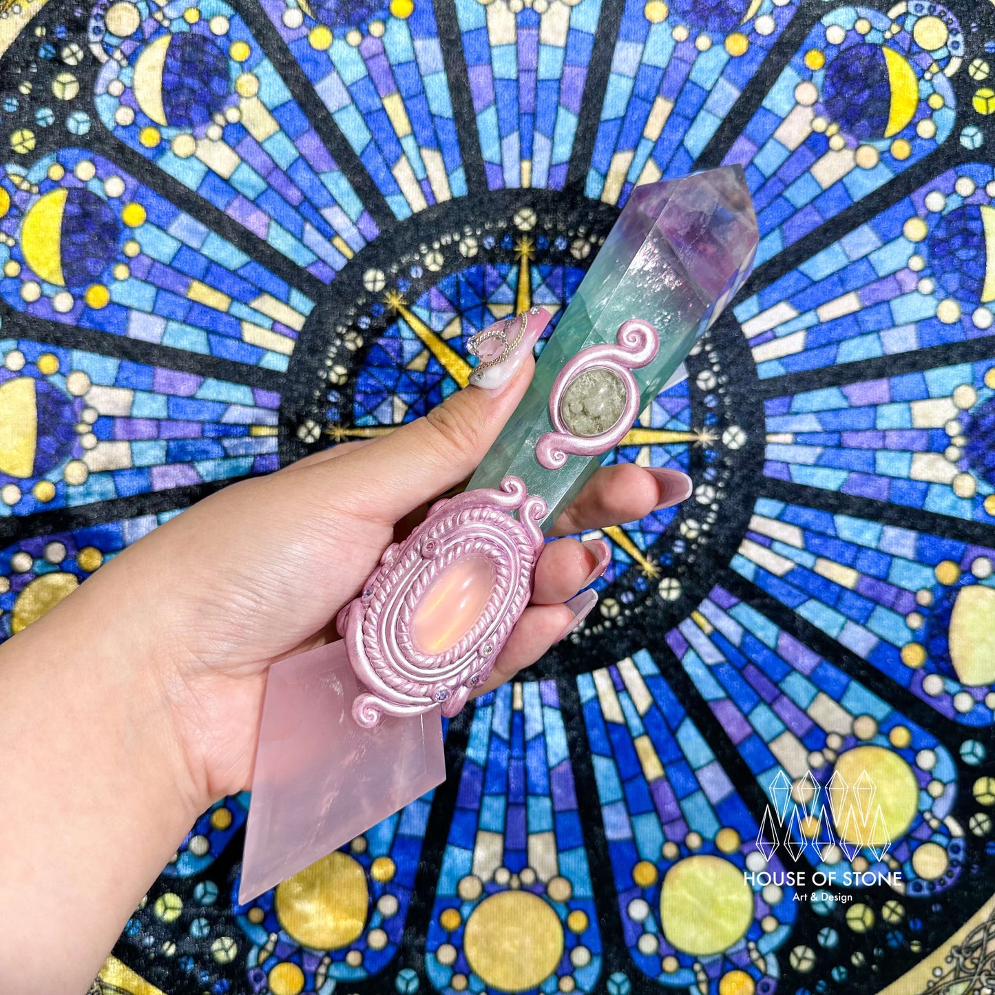 Natural Handmade Crystal Quartz Wand/Magic Crystal Wand/Rose Quartz Fluorite Rhodochrosite/Chakra Healing/Manifest Tool/Altar Tool