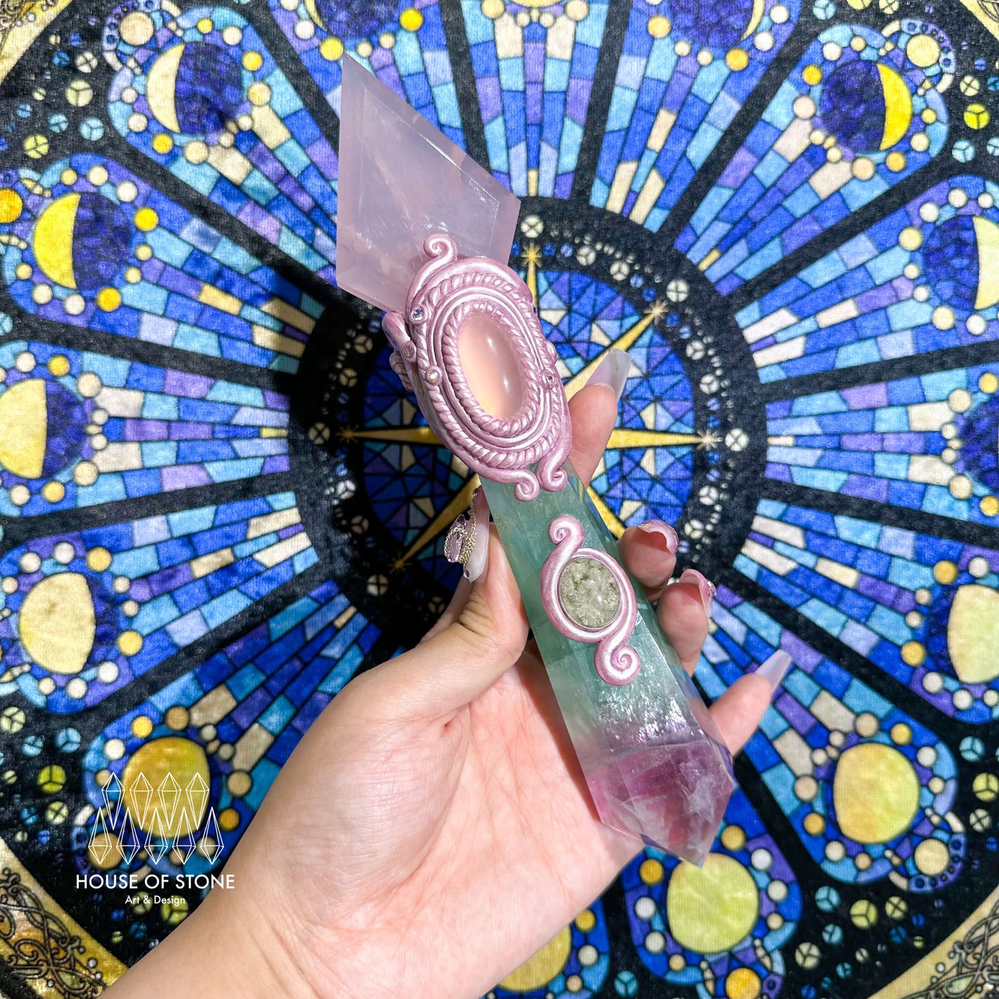 Natural Handmade Crystal Quartz Wand/Magic Crystal Wand/Rose Quartz Fluorite Rhodochrosite/Chakra Healing/Manifest Tool/Altar Tool