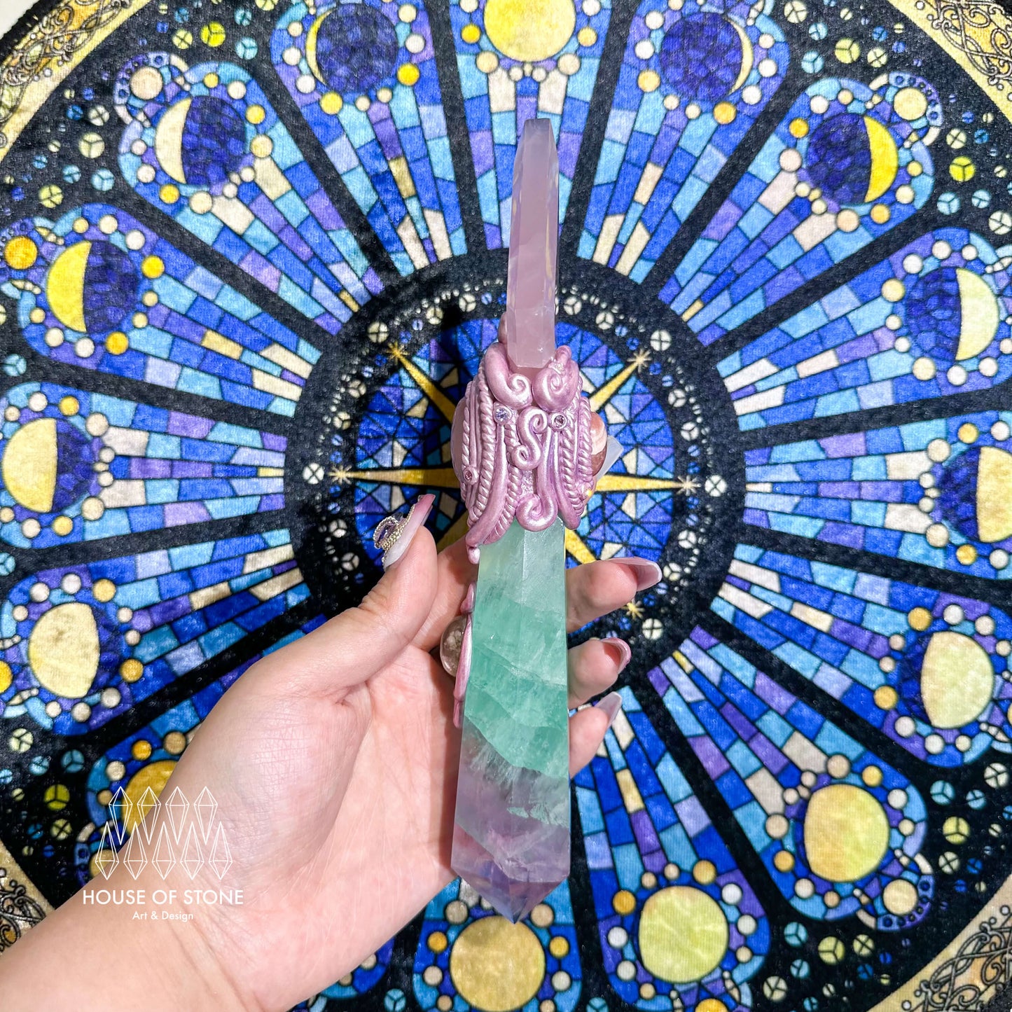 Natural Handmade Crystal Quartz Wand/Magic Crystal Wand/Rose Quartz Fluorite Rhodochrosite/Chakra Healing/Manifest Tool/Altar Tool