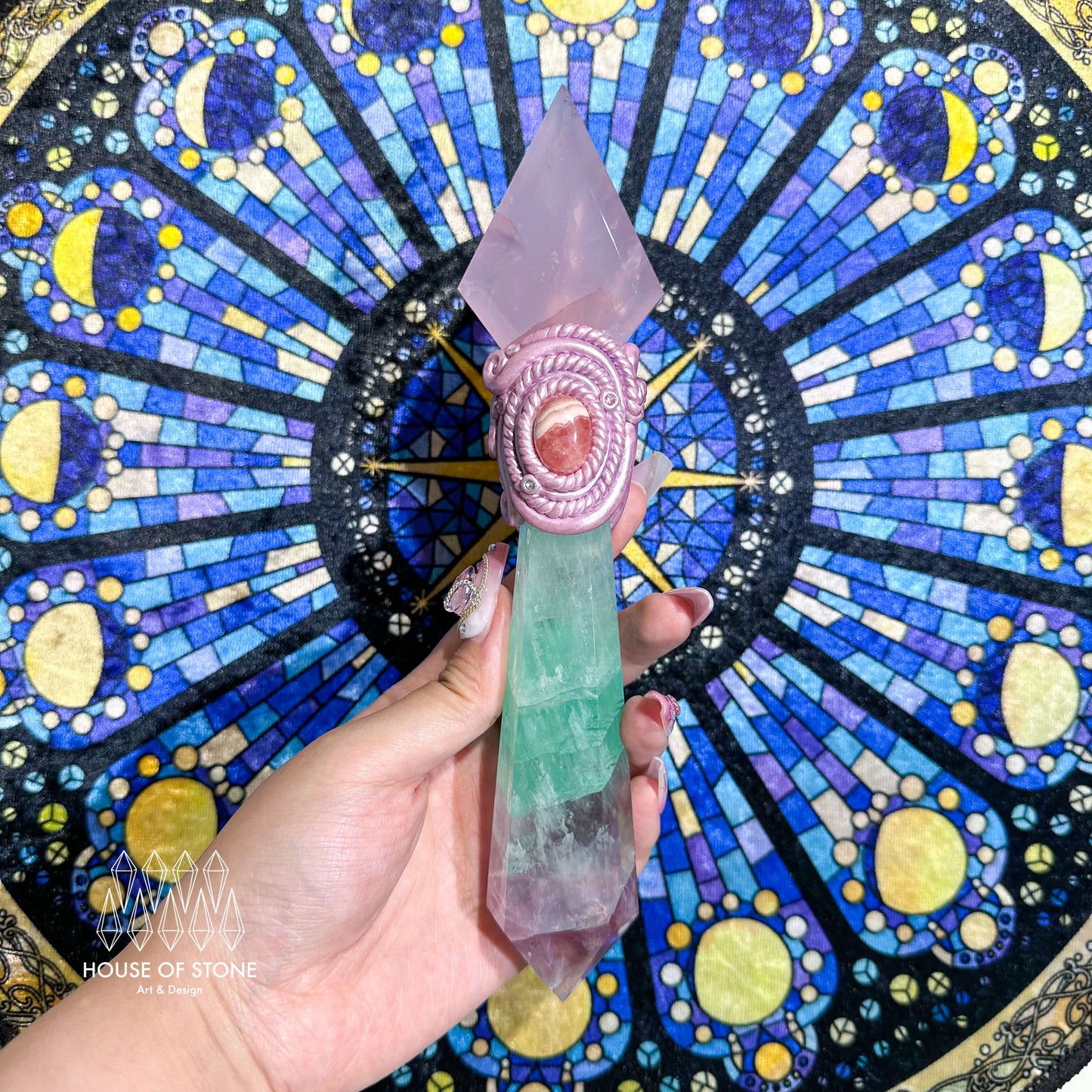 Natural Handmade Crystal Quartz Wand/Magic Crystal Wand/Rose Quartz Fluorite Rhodochrosite/Chakra Healing/Manifest Tool/Altar Tool