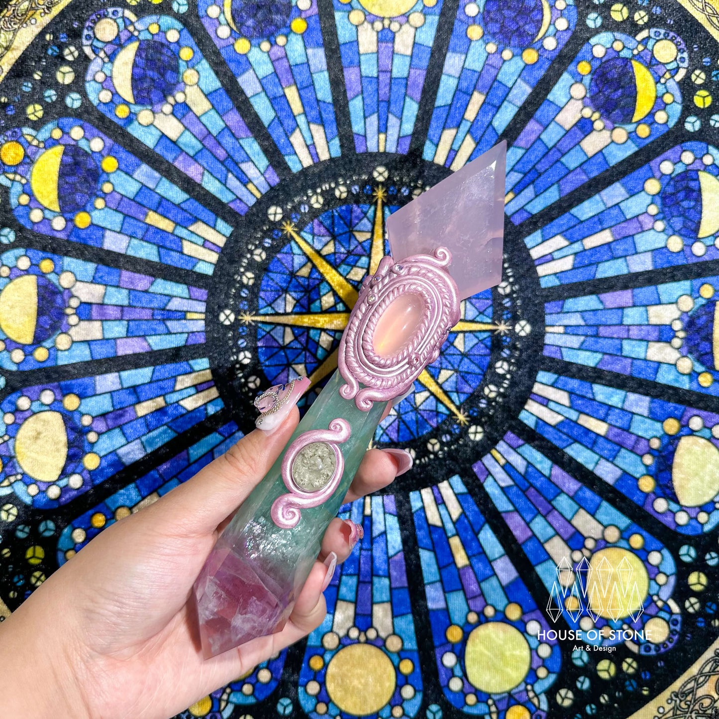 Natural Handmade Crystal Quartz Wand/Magic Crystal Wand/Rose Quartz Fluorite Rhodochrosite/Chakra Healing/Manifest Tool/Altar Tool