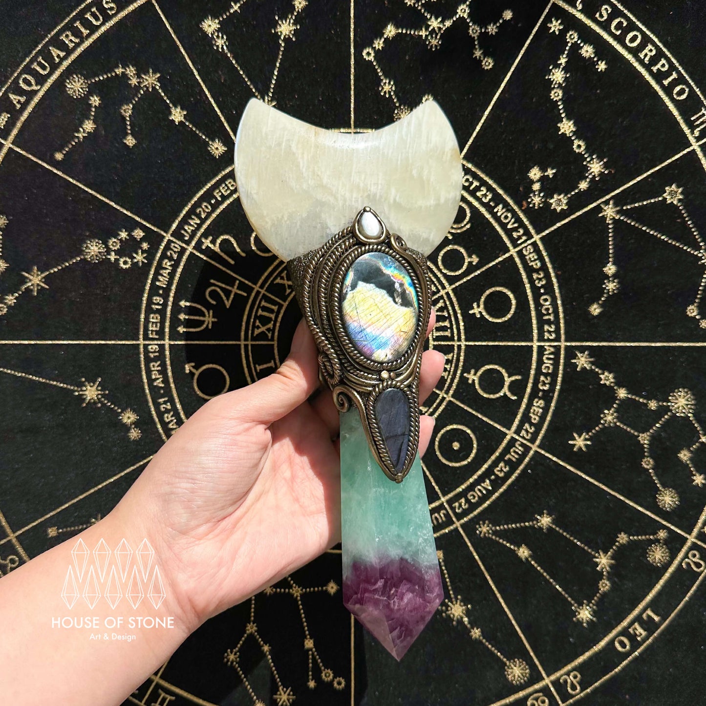 Handmade Natural Fluorite Crystal Wand/Magic Witch Crystal Wand/Moonstone Rainbow Fluorite Labradorite Handle/Chakra/Manifest Altar Tool