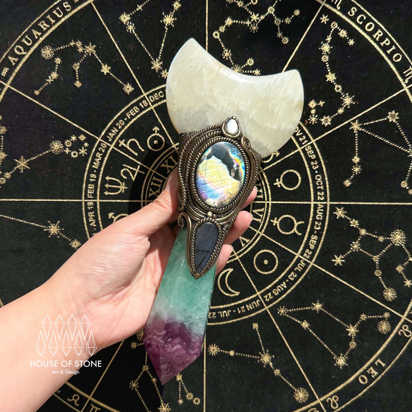 Handmade Natural Fluorite Crystal Wand/Magic Witch Crystal Wand/Moonstone Rainbow Fluorite Labradorite Handle/Chakra/Manifest Altar Tool