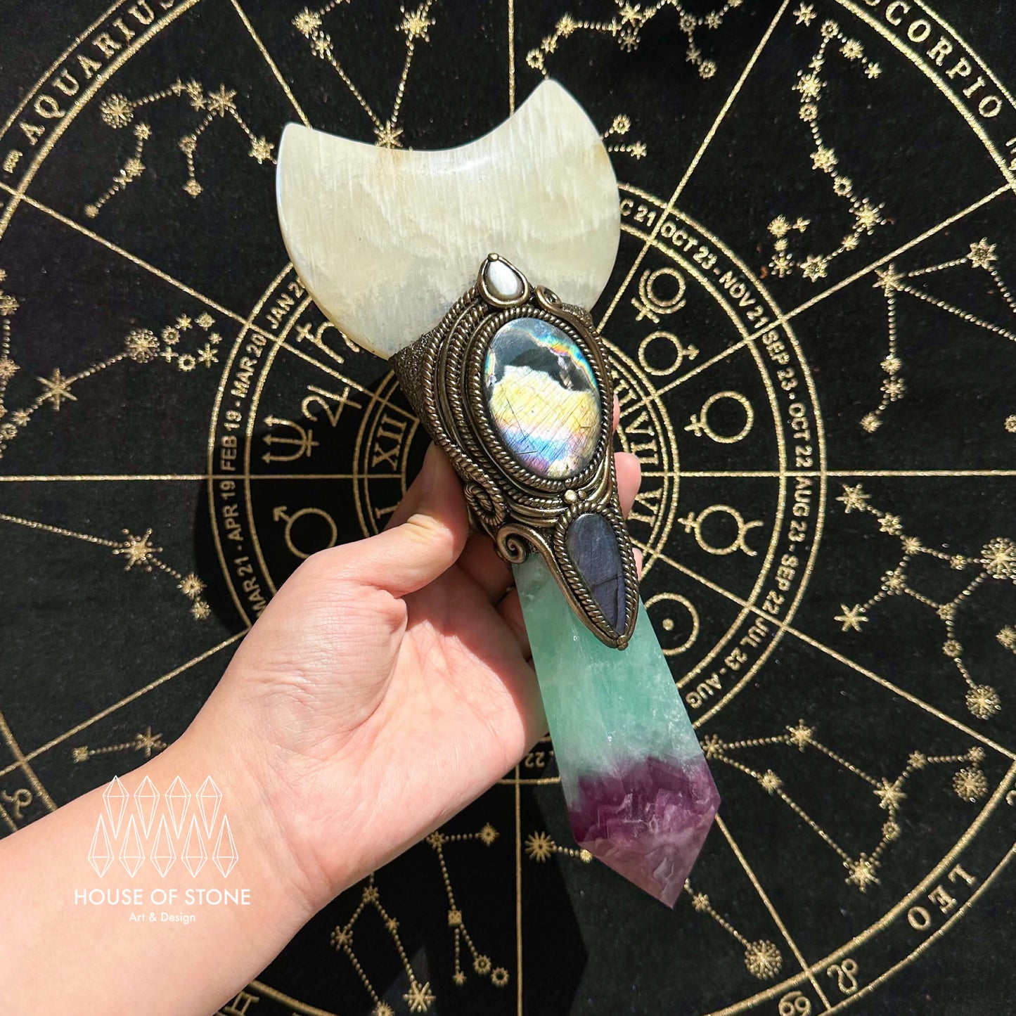 Handmade Natural Fluorite Crystal Wand/Magic Witch Crystal Wand/Moonstone Rainbow Fluorite Labradorite Handle/Chakra/Manifest Altar Tool