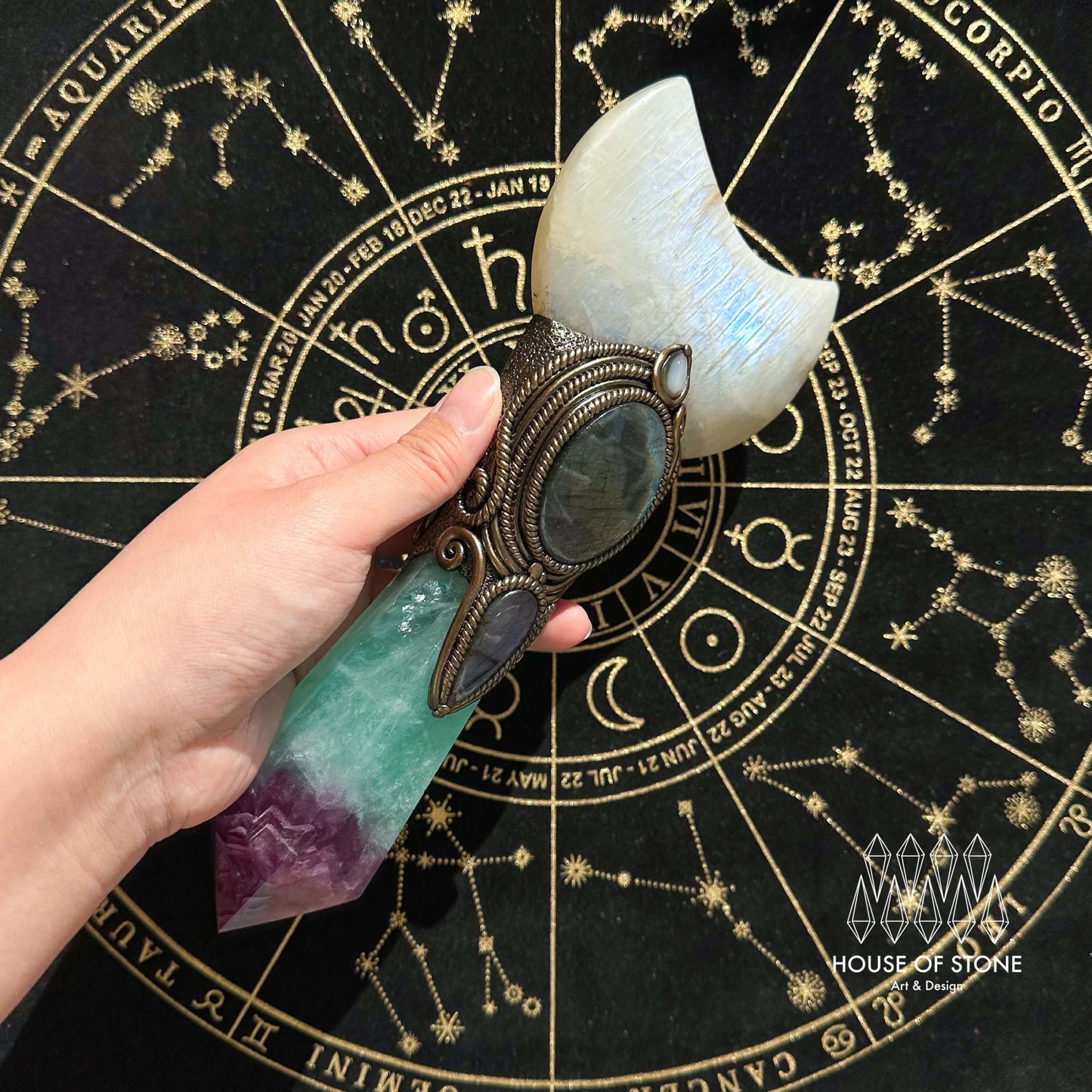 Handmade Natural Fluorite Crystal Wand/Magic Witch Crystal Wand/Moonstone Rainbow Fluorite Labradorite Handle/Chakra/Manifest Altar Tool
