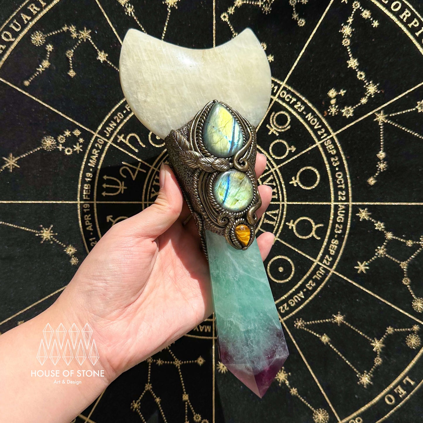Handmade Natural Fluorite Crystal Wand/Magic Witch Crystal Wand/Moonstone Rainbow Fluorite Labradorite Handle/Chakra/Manifest Altar Tool
