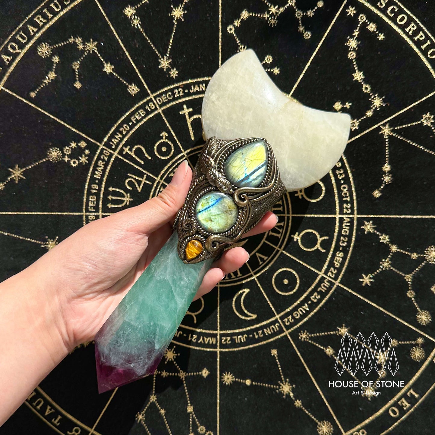 Handmade Natural Fluorite Crystal Wand/Magic Witch Crystal Wand/Moonstone Rainbow Fluorite Labradorite Handle/Chakra/Manifest Altar Tool