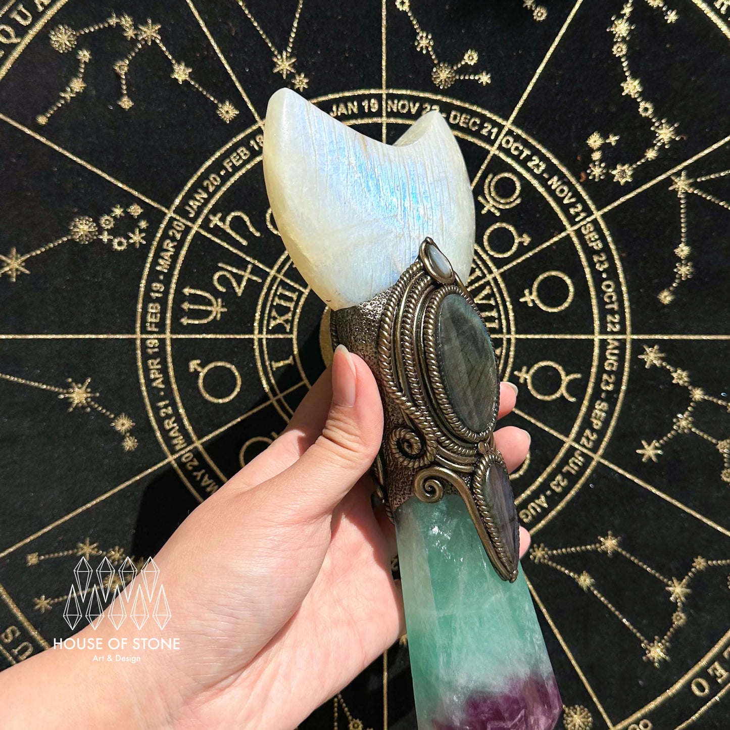Handmade Natural Fluorite Crystal Wand/Magic Witch Crystal Wand/Moonstone Rainbow Fluorite Labradorite Handle/Chakra/Manifest Altar Tool