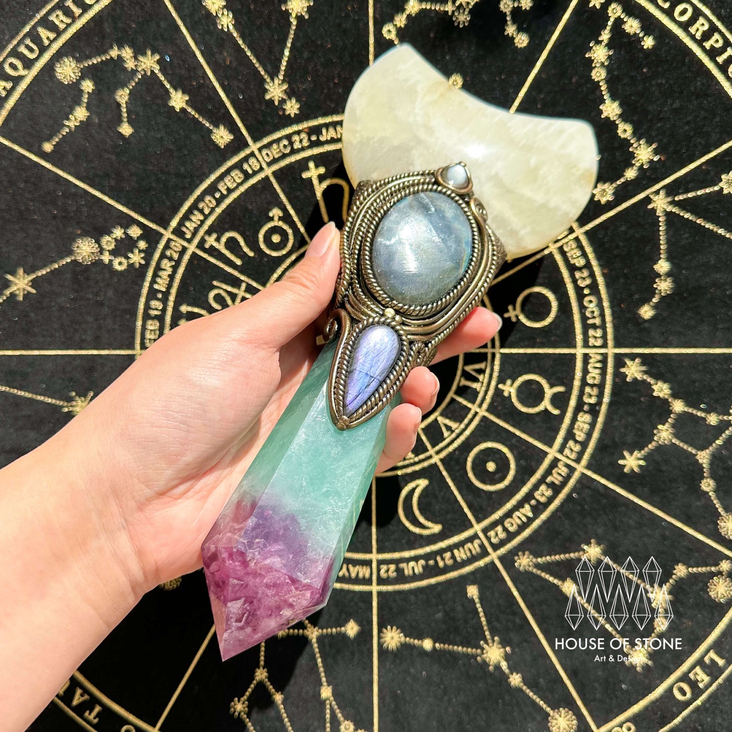 Handmade Natural Fluorite Crystal Wand/Magic Witch Crystal Wand/Moonstone Rainbow Fluorite Labradorite Handle/Chakra/Manifest Altar Tool
