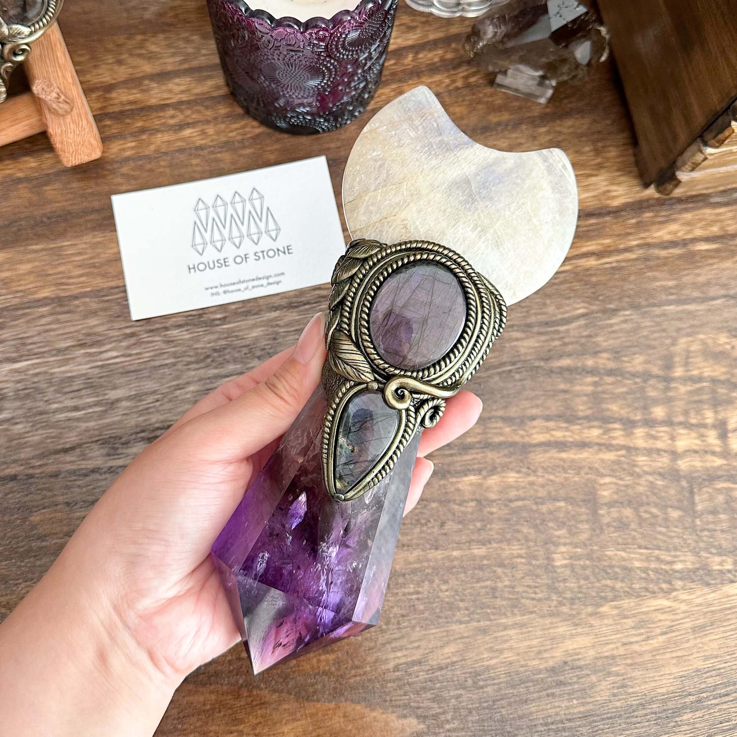 Handmade Natural Amethyst Crystal Wand/Magic Witch Crystal Wand/Moonstone Amethyst Labradorite Handle/Chakra/Manifest Altar Tool