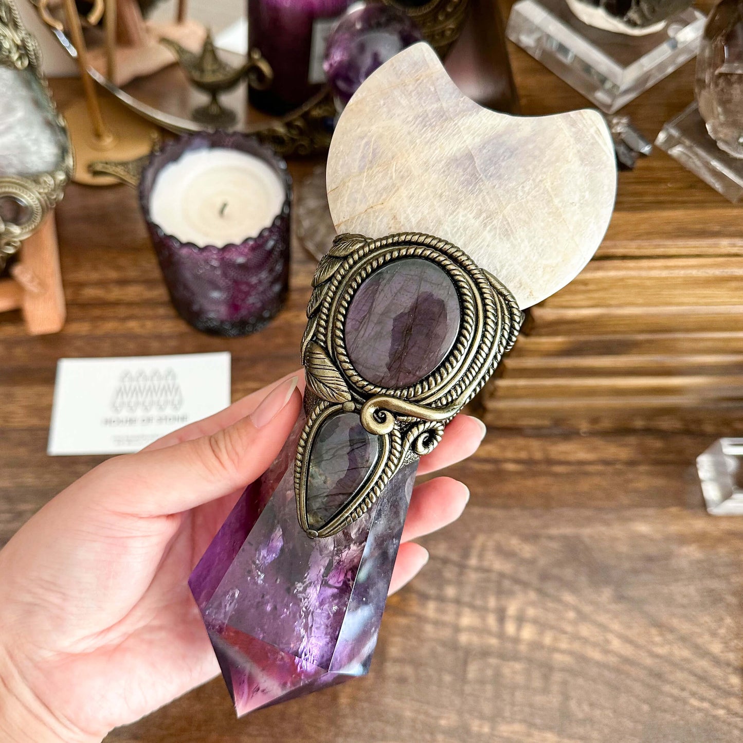 Handmade Natural Amethyst Crystal Wand/Magic Witch Crystal Wand/Moonstone Amethyst Labradorite Handle/Chakra/Manifest Altar Tool