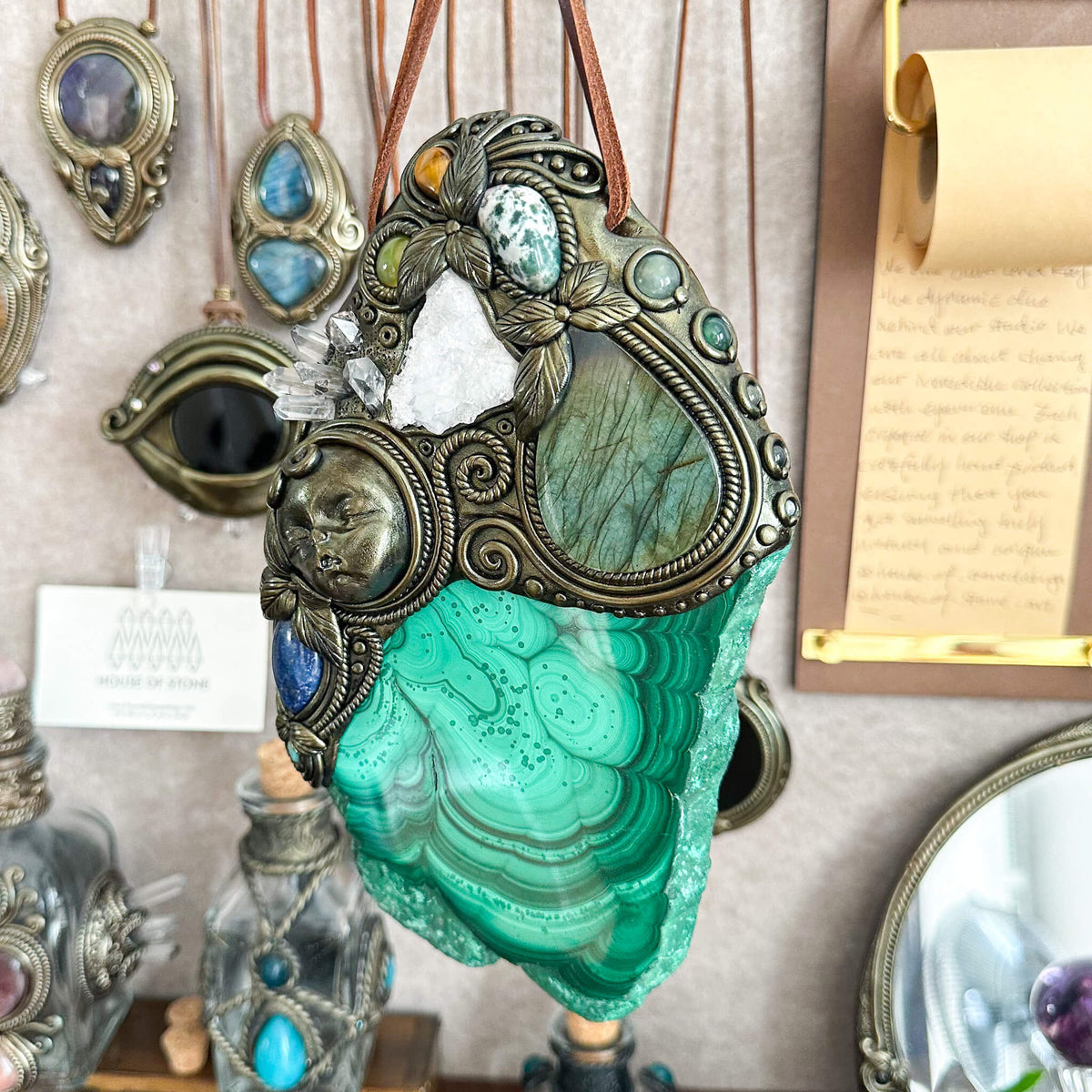 Handmade Natural Malachite Crystal Wall Hanging Decor/Spiritual Window Interior Room Hangings/Christmas Crystal Door Hanging